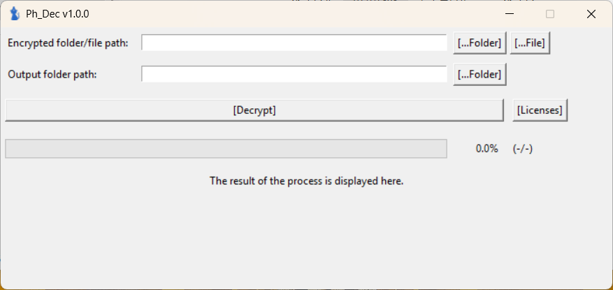 PhDec Decryptor window showing encrypted file and output folder controls.