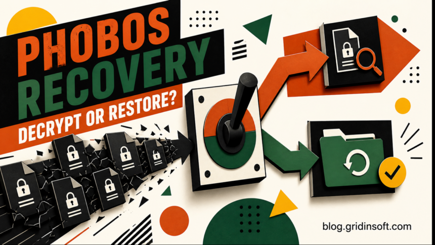 Phobos ransomware recovery decision between decryptor testing and safe backup restoration.