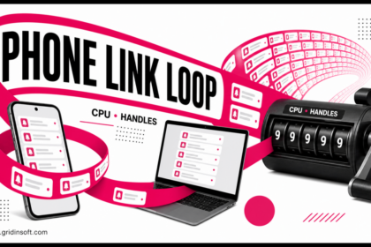 Phone Link notification ribbon looping between a smartphone and PC as CPU and handle counts rise