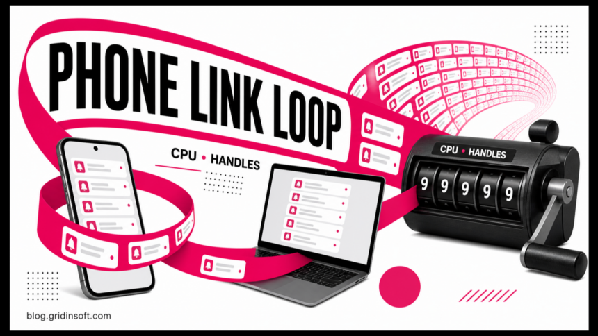 Phone Link notification ribbon looping between a smartphone and PC as CPU and handle counts rise