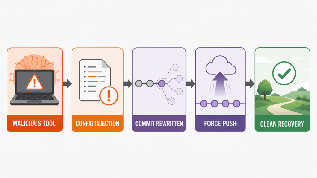 Flow from malicious developer tool to config injection, rewritten Git commit, force push, and clean recovery.