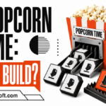 Popcorn Time packages leaving a popcorn machine, with one package caught in a trap.