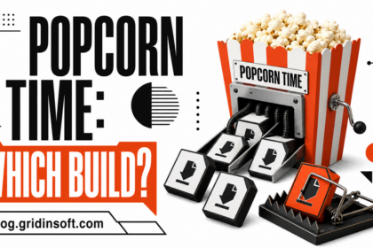 Popcorn Time packages leaving a popcorn machine, with one package caught in a trap.