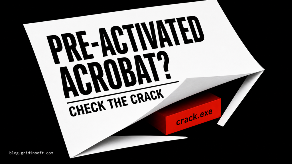 Pre-activated Adobe Acrobat package opening around an untrusted crack.exe file.