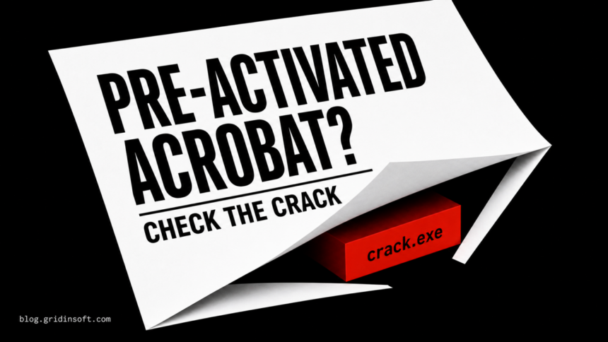 Pre-activated Adobe Acrobat package opening around an untrusted crack.exe file.