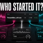 PresentMon_x64.exe process card connected to three performance-monitoring overlays under the question Who Started It?