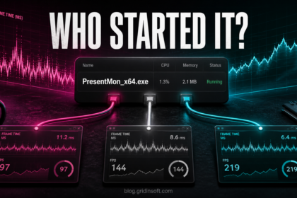 PresentMon_x64.exe process card connected to three performance-monitoring overlays under the question Who Started It?