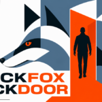 A geometric fox is split by an orange portal containing a human silhouette.
