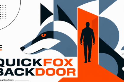 A geometric fox is split by an orange portal containing a human silhouette.