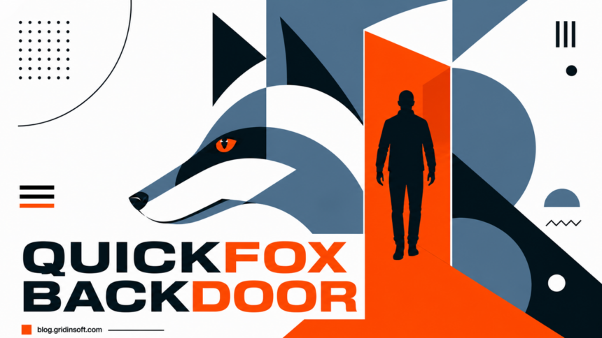A geometric fox is split by an orange portal containing a human silhouette.
