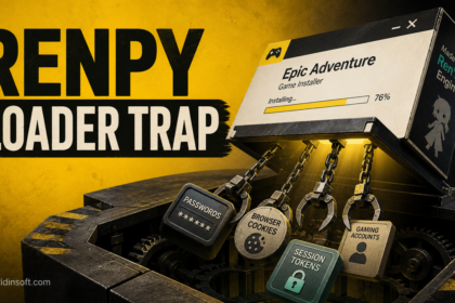 Fake game installer opening a RenPy Loader trap that targets passwords, browser cookies, session tokens, and gaming accounts.