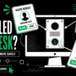 Three unknown RustDesk access requests surrounding a Windows monitor.
