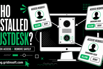 Three unknown RustDesk access requests surrounding a Windows monitor.