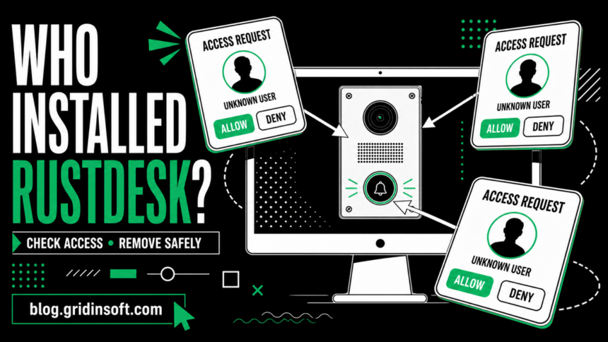 Three unknown RustDesk access requests surrounding a Windows monitor.