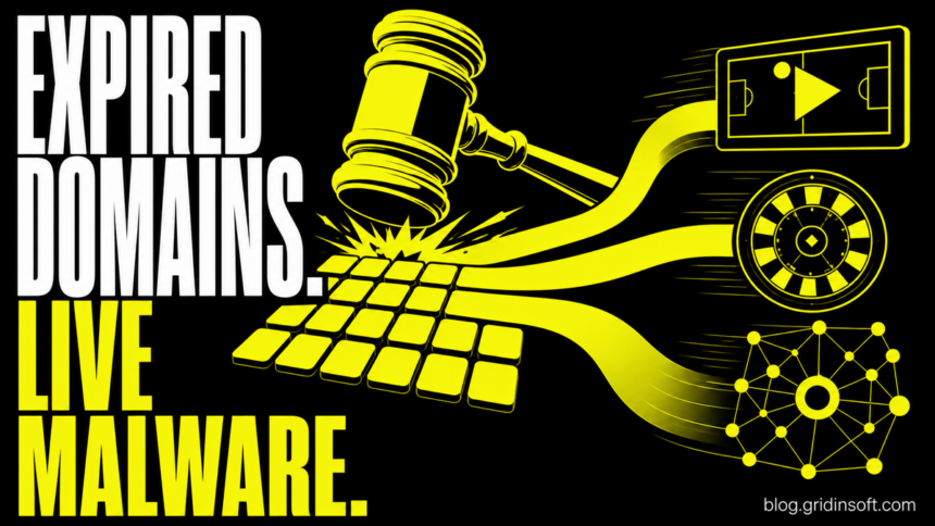 Sable Squirrel Uses Expired Domains for Streaming and Malware 1 A broken keyboard branches into a live sports stream, betting wheel, and malware network after an expired-domain auction.