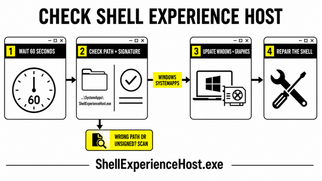 ShellExperienceHost.exe diagnostic flow from waiting and signature checks to Windows repair or suspicious-file scan