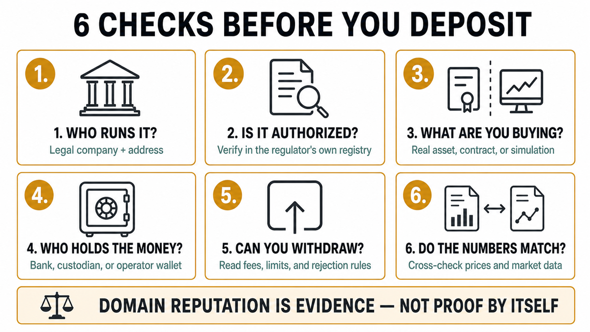How to Tell If a Trading Platform Is Legit: 6 Checks 2 Six checks for a trading platform operator, authorization, product, custody, withdrawals, and market data.