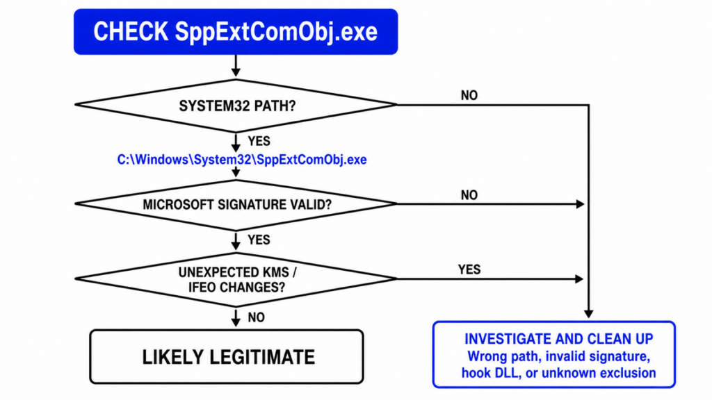 SppExtComObj.exe: Safe KMS Broker or Malware? 2 SppExtComObj.exe path, signature, and IFEO decision flow