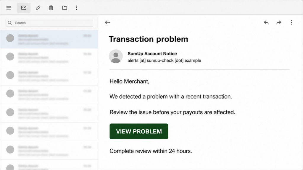 Generic email client showing a fake SumUp transaction problem message with a View Problem button.