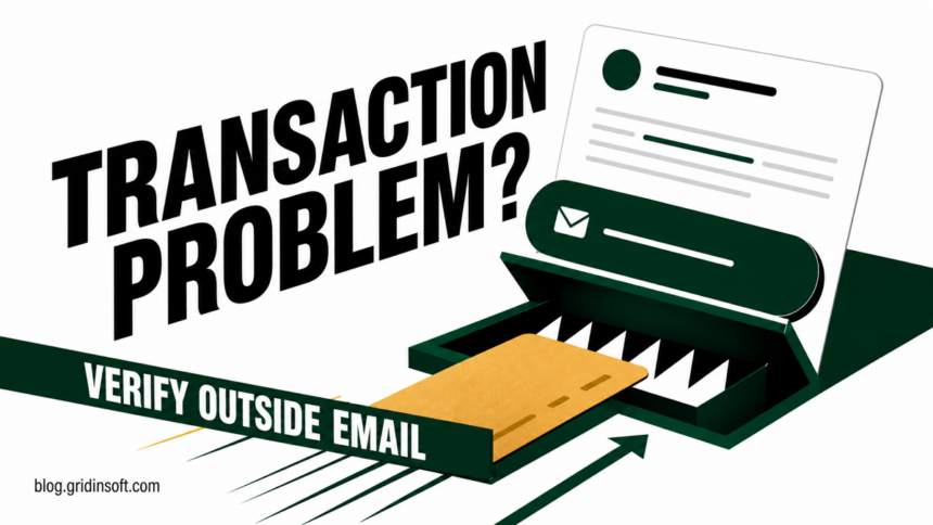 A fake transaction alert becomes a trap around a merchant payment card.