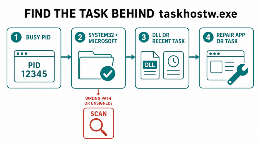 taskhostw.exe: Safe Process, High CPU, and Shutdown Fixes 2 Diagnostic flow from busy taskhostw.exe PID to path and signature, loaded DLL or recent task, and app repair