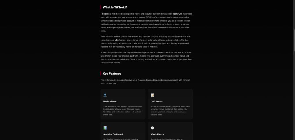 TikTroid page listing Draft Access and Watch History among its profile-viewer features.