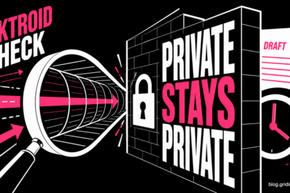 A magnifying lens stops at a locked privacy wall separating TikTroid from private drafts and watch history.