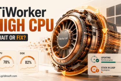 TiWorker.exe servicing mechanism under CPU and disk load with normal-update and stuck-loop indicators.