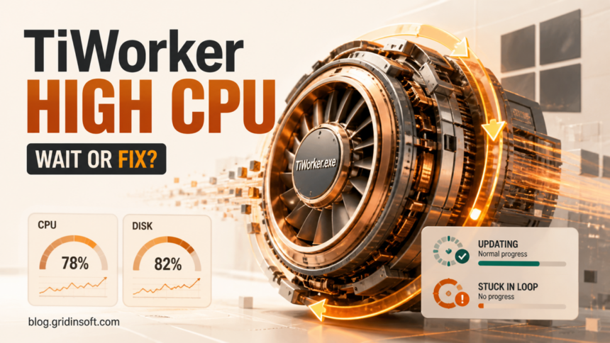 TiWorker.exe servicing mechanism under CPU and disk load with normal-update and stuck-loop indicators.