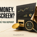 Trading dashboard facade with an empty backing, illustrating why users should verify a platform before depositing.