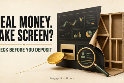 Trading dashboard facade with an empty backing, illustrating why users should verify a platform before depositing.