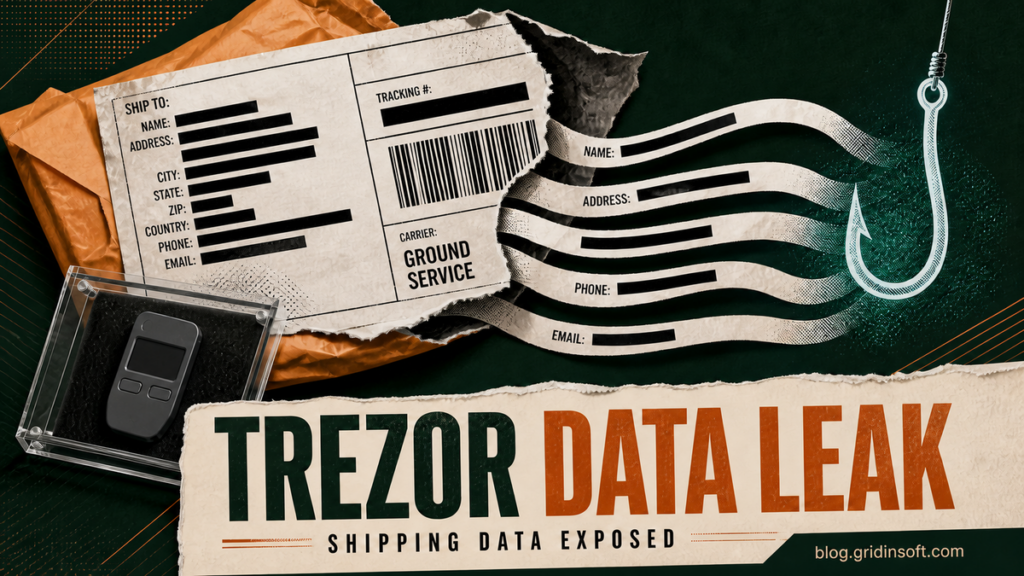 Torn shipping label exposes redacted customer details beside a secured hardware wallet.