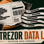 Torn shipping label exposes redacted customer details beside a secured hardware wallet.