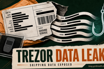 Torn shipping label exposes redacted customer details beside a secured hardware wallet.
