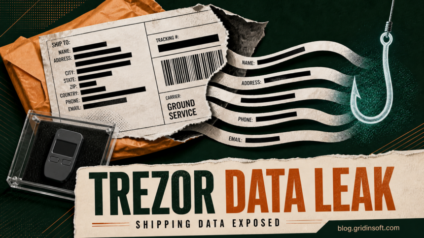 Trezor Data Breach Exposes Addresses of Nearly 14,000 Buyers 1 Torn shipping label exposes redacted customer details beside a secured hardware wallet.