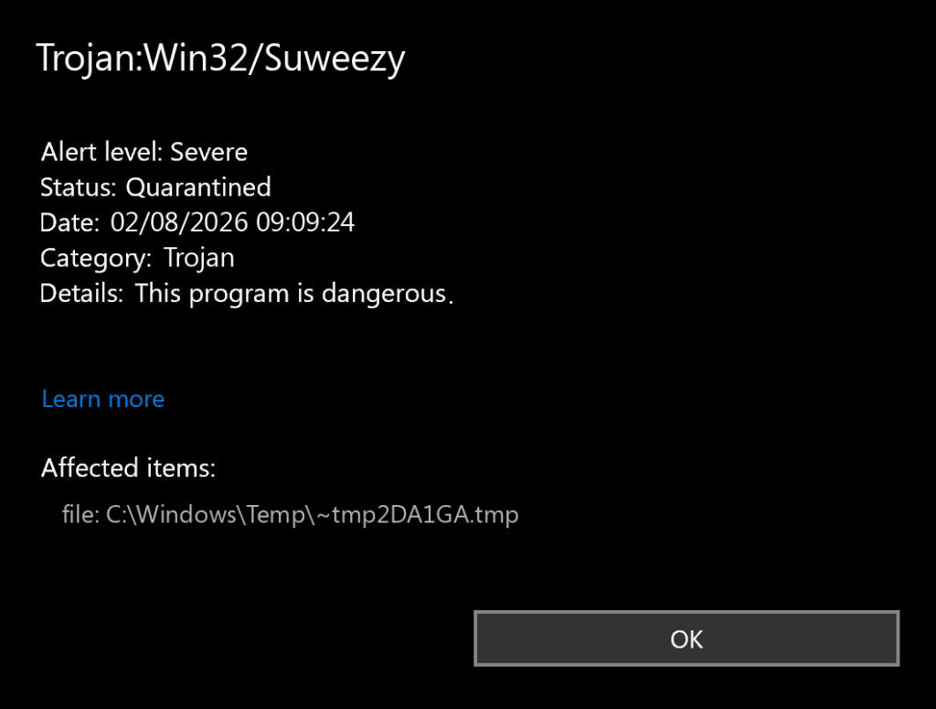 Trojan:Win32/Suweezy Keeps Coming Back: Removal Guide 2 Microsoft Defender alert for Trojan:Win32/Suweezy showing the item quarantined.
