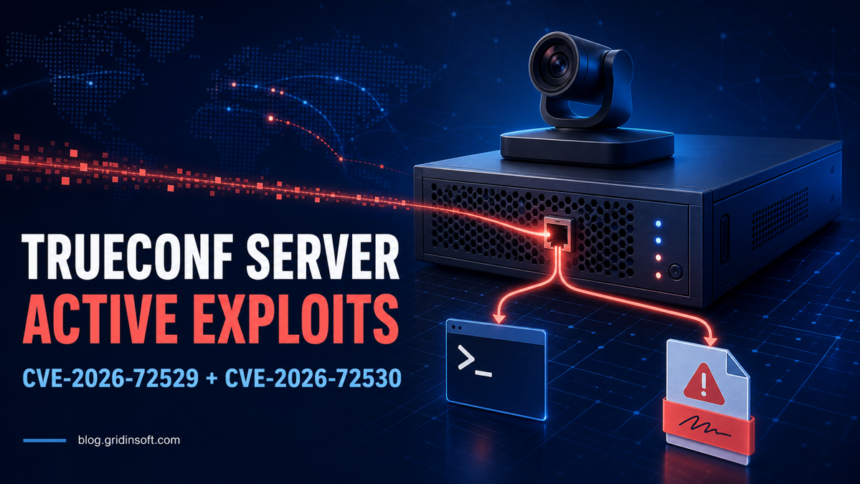 An attack route reaches a TrueConf video server and branches toward code execution and an unsigned installer.