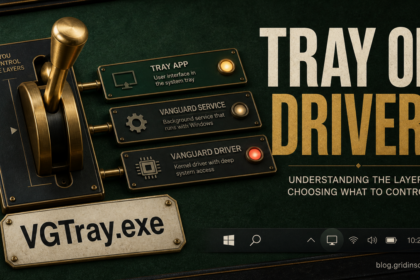 A control lever separating the VGTray.exe tray app from Vanguard service and driver layers.