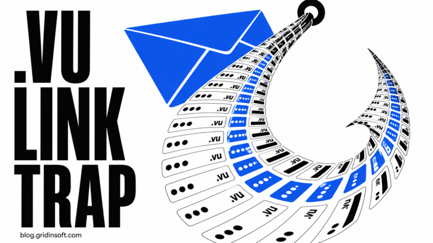 Editorial fishhook made from .vu address tiles illustrating a phishing link trap