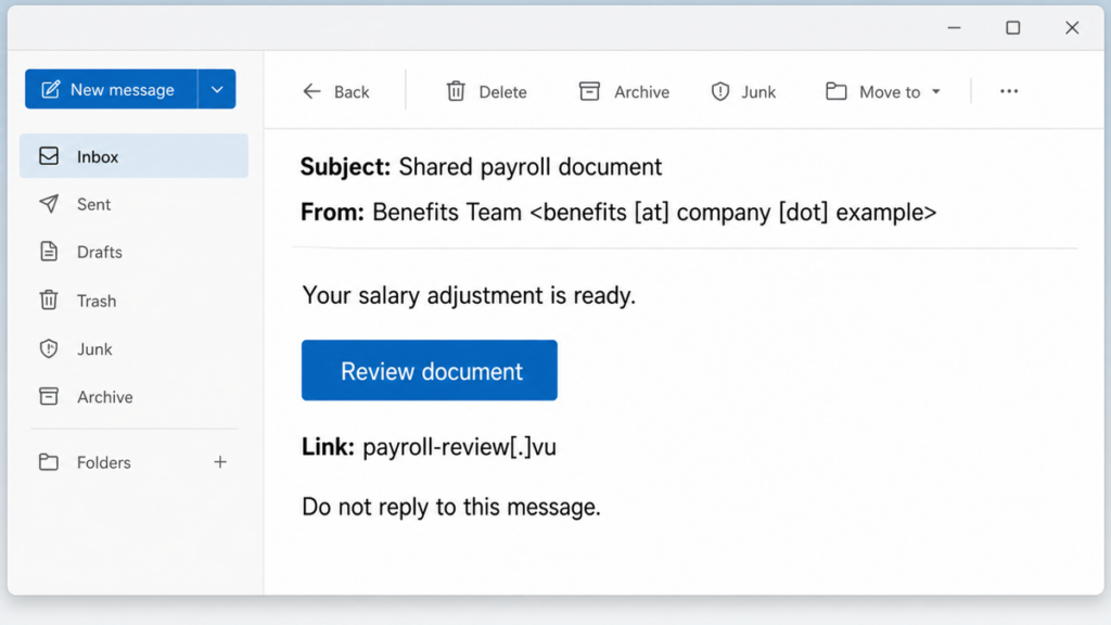 Illustrative payroll phishing email with a Review document button and payroll-review dot vu link
