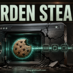 Cracked browser vault leaking session data toward a shadow collector under the words WARDEN STEALER.