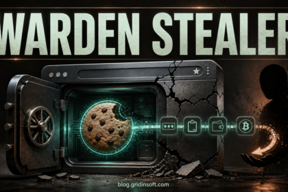 Cracked browser vault leaking session data toward a shadow collector under the words WARDEN STEALER.