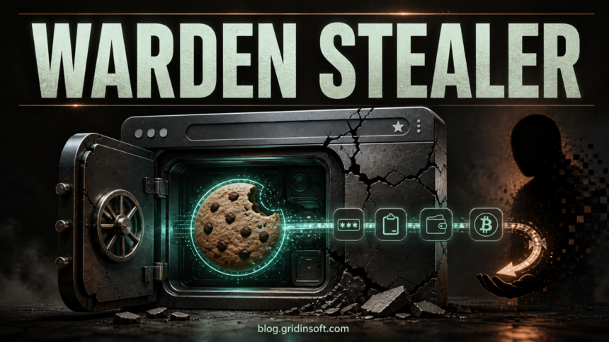 Cracked browser vault leaking session data toward a shadow collector under the words WARDEN STEALER.