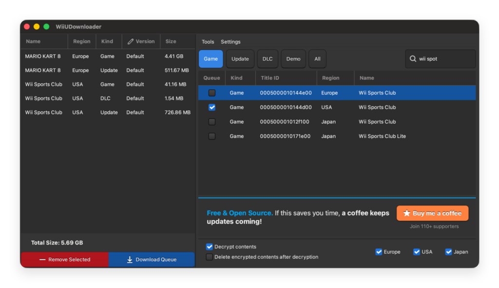 Official WiiUDownloader window showing game, update, DLC, and region options.