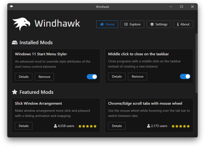 Official Windhawk interface showing installed and featured mods with Details controls