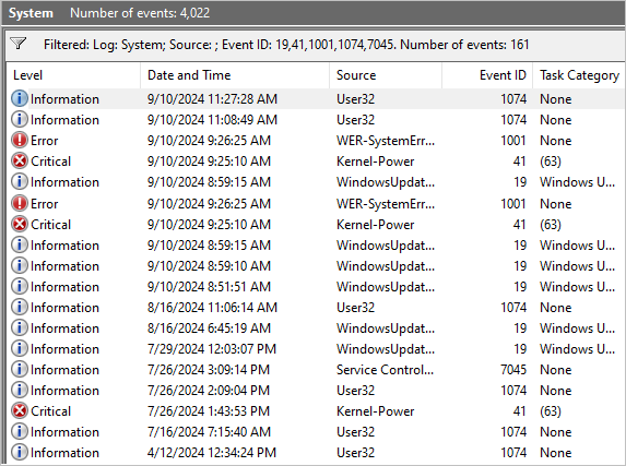 Microsoft Event Viewer example filtered for restart event IDs 19, 41, 1001, 1074, and 7045