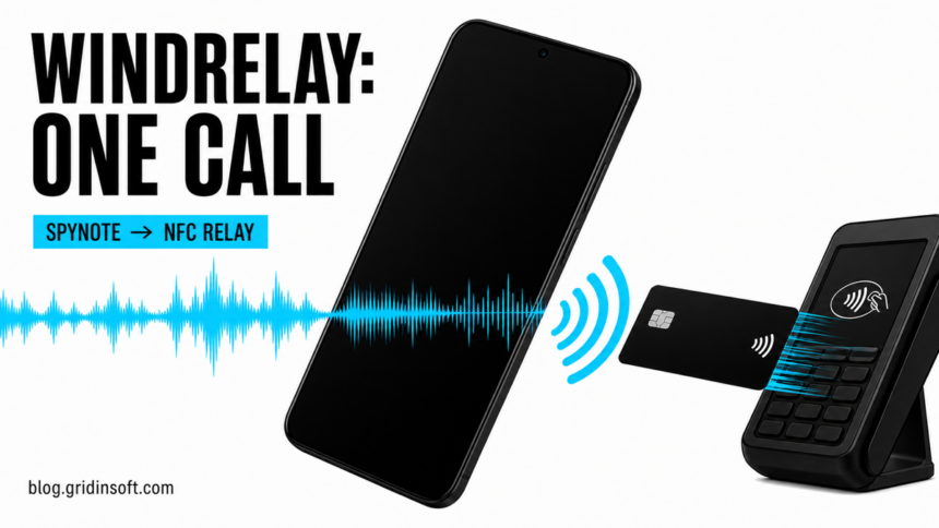 WindRelay and SpyNote turn a fake bank call into an NFC card relay.