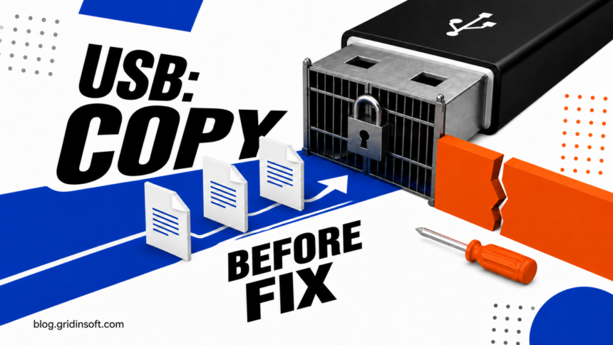 USB drive locked against writes while readable files follow a safe copy path