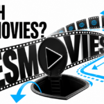 YesMovies filmstrip changing routes while a Play button opens into a trapdoor