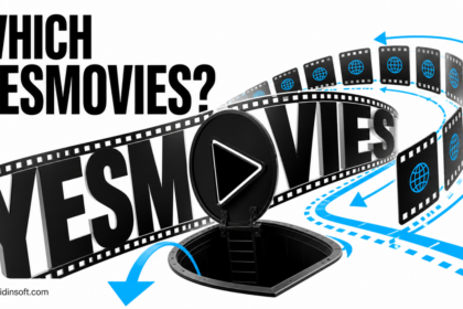 YesMovies filmstrip changing routes while a Play button opens into a trapdoor